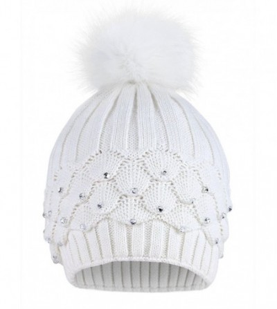 Skullies & Beanies Women's Faux Fur Pompom Winter Cable Knit Beanie with Sequins - Ivory - CY18HKQ6IS0