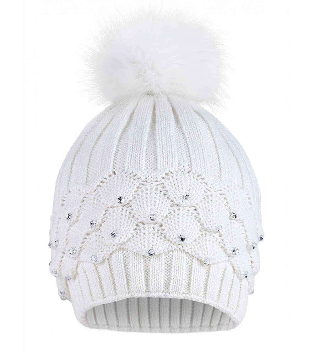 Skullies & Beanies Women's Faux Fur Pompom Winter Cable Knit Beanie with Sequins - Ivory - CY18HKQ6IS0