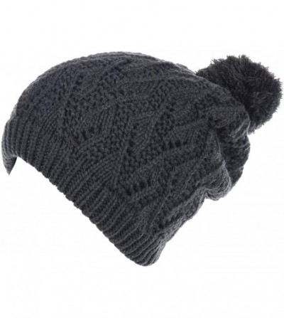 Skullies & Beanies Winter Big Pom Pom Beanie Hat Wool Blend Fleece Lined Color Block 2 Styles - Charcoal Pom - CA18XYIWM40