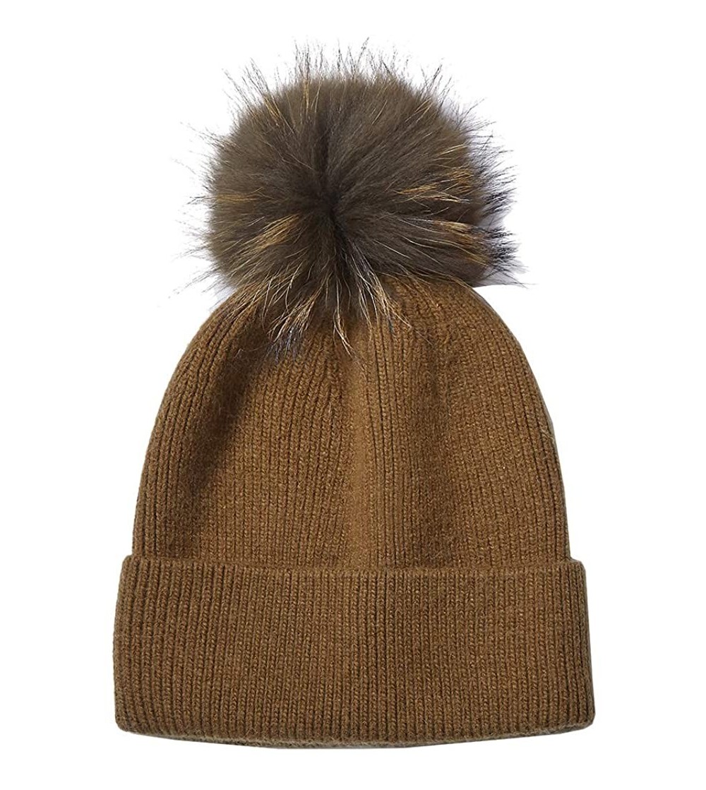 Skullies & Beanies Cashmere Winter Beanie Pom Pom Hat for Women Slouchy Warm Ski Hats - Olive W Fox Fur - CG18ZCDKKCR