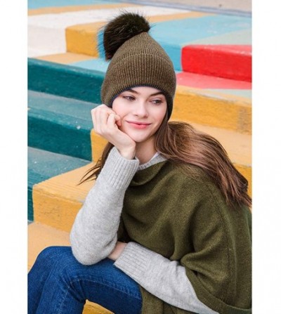 Skullies & Beanies Cashmere Winter Beanie Pom Pom Hat for Women Slouchy Warm Ski Hats - Olive W Fox Fur - CG18ZCDKKCR