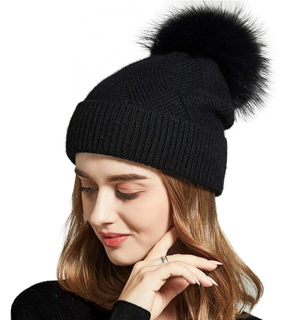 Skullies & Beanies Winter Hats for Women Fur Pom Pom Hats Knitted Cuff Bobble Beanie Warm Wool Ski Cap - Black+black Raccoon ...