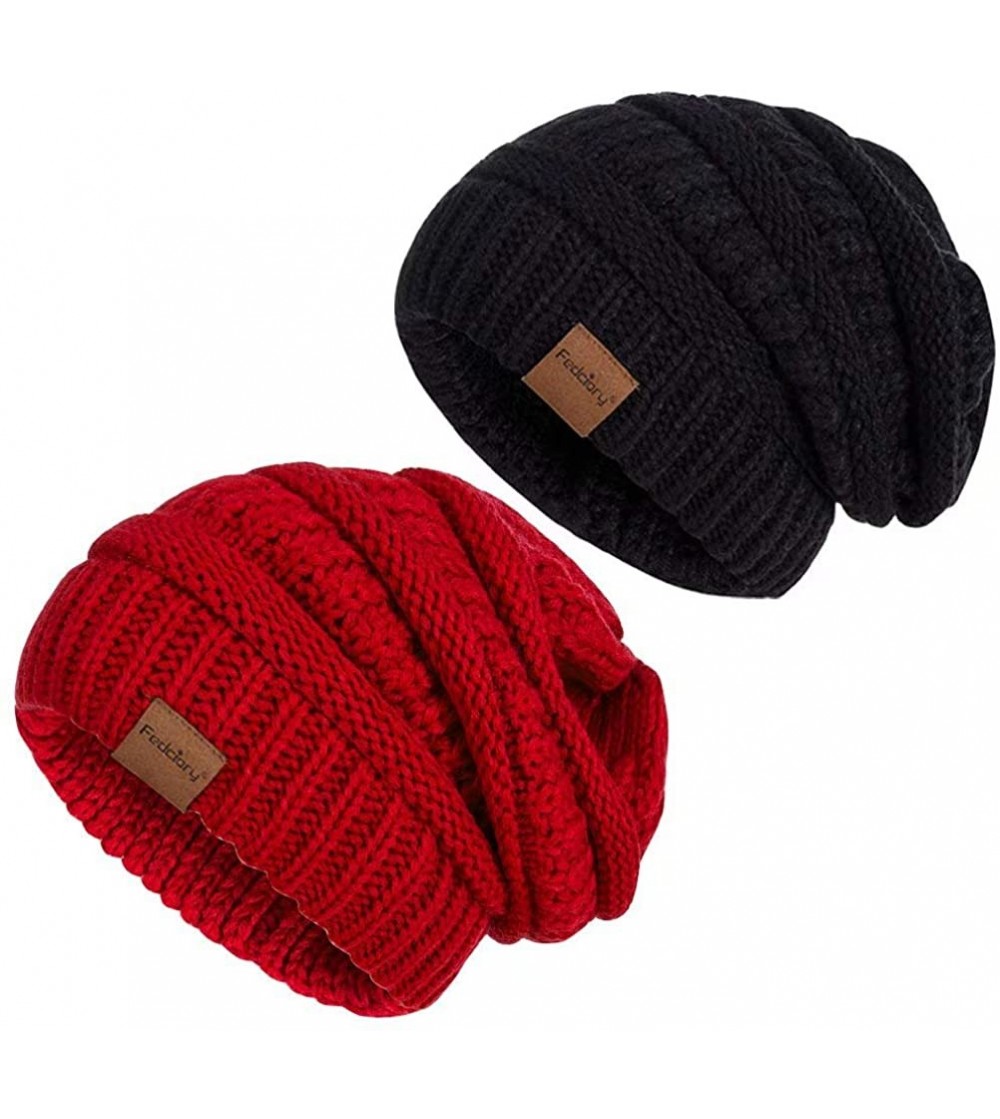 Skullies & Beanies Slouchy Beanie Hat for Women- Winter Warm Knit Oversized Chunky Thick Soft Ski Cap - Black+red - CD18A4DZEK9