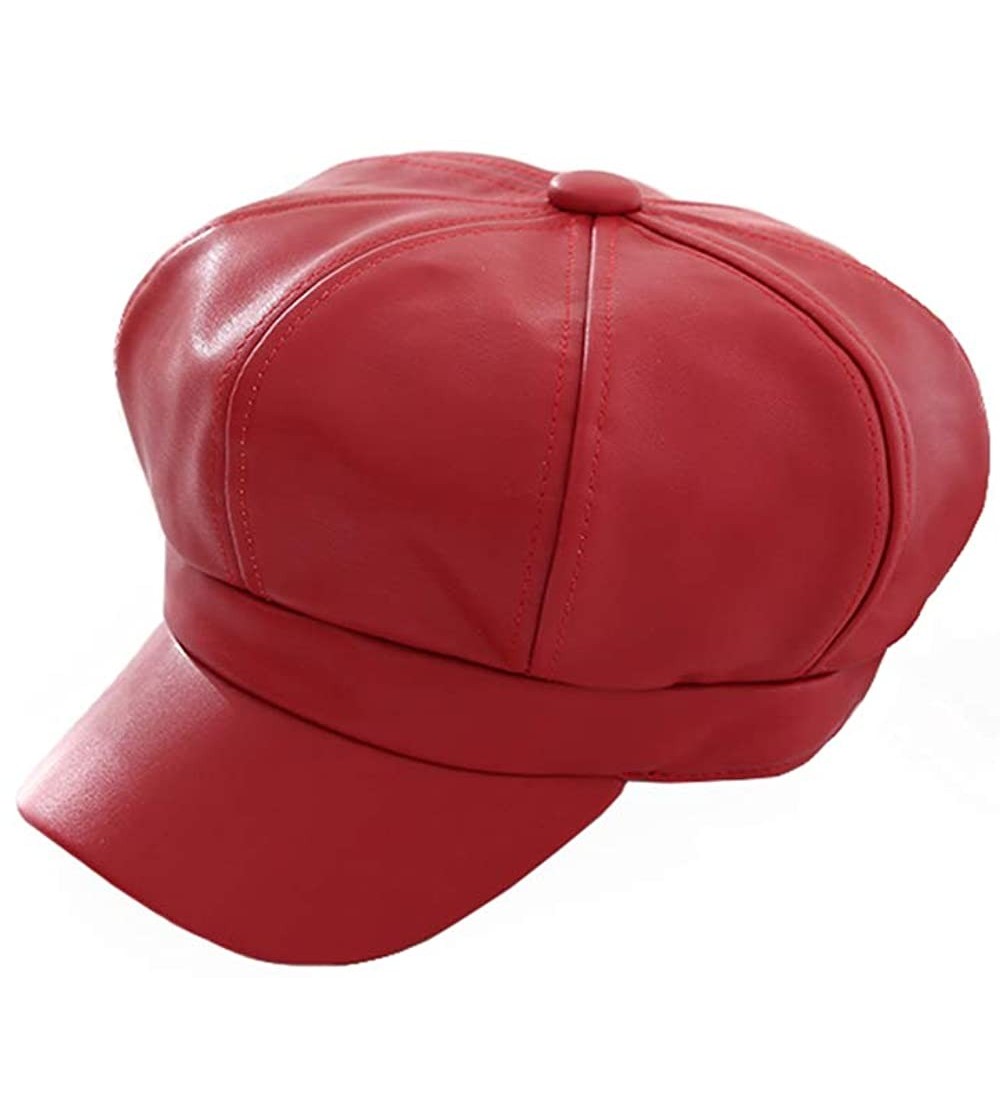 Berets PU Leather Beret Caps Women Newsboy Hats Autumn Winter Plain Visor Beret for Women Girl - Red - CC18A4HNQMZ