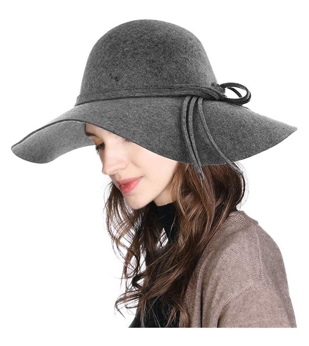 Fedoras Womens 100% Wool Felt Fedora Hat Wide Brim Floppy/Porkpie Style - 89071grey - C618ILDE2AL