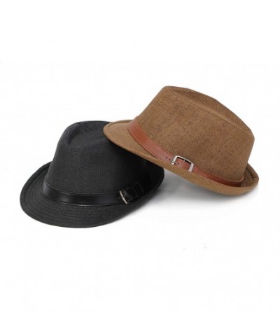 Visors Beach Straw Fedora Hat w/Solid Hat Band for Men & Women - Black Hat Black Belt - C117X6OS32A