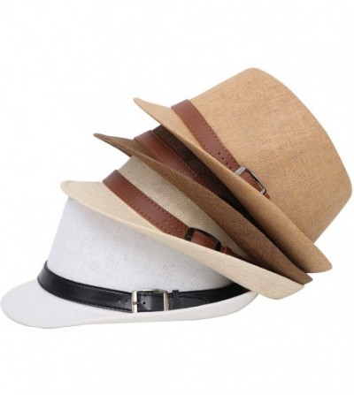 Visors Beach Straw Fedora Hat w/Solid Hat Band for Men & Women - Black Hat Black Belt - C117X6OS32A