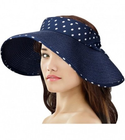 Sun Hats Women's Summer Sun Hat - Polka Dot Ribbon Straw Visor - Navy Blue - CV11DNCOWRL
