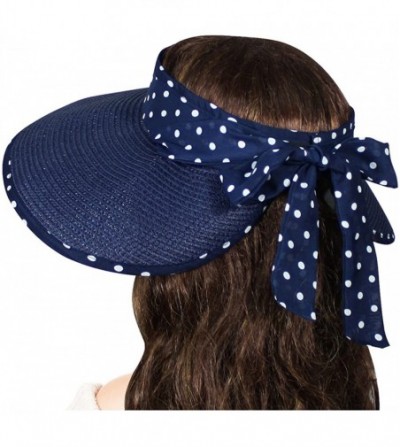 Sun Hats Women's Summer Sun Hat - Polka Dot Ribbon Straw Visor - Navy Blue - CV11DNCOWRL