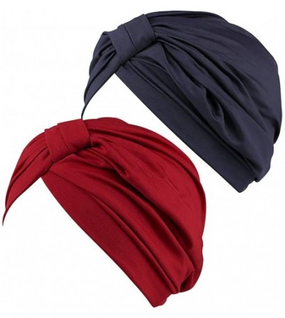 Skullies & Beanies Chemo Turbans for Women Pre Tied Cotton Vintage Cover Twist Pleasted Hair Caps - 2 Pair-style1-navy Blue+w...