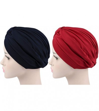 Skullies & Beanies Chemo Turbans for Women Pre Tied Cotton Vintage Cover Twist Pleasted Hair Caps - 2 Pair-style1-navy Blue+w...