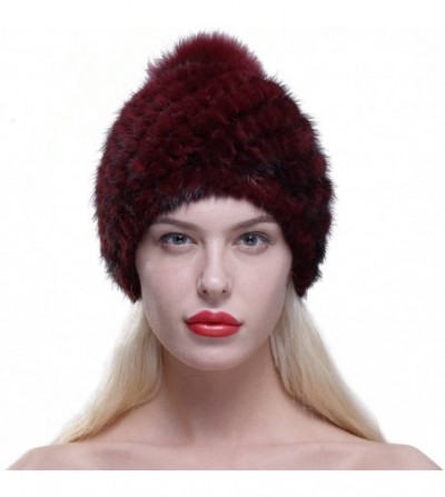 Skullies & Beanies Women Winter Hat Knit Mink Fur Beanie Cap with Fox Pom Pom Multicolor - Burgundy - CB12N410QL5