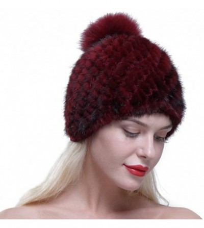 Skullies & Beanies Women Winter Hat Knit Mink Fur Beanie Cap with Fox Pom Pom Multicolor - Burgundy - CB12N410QL5