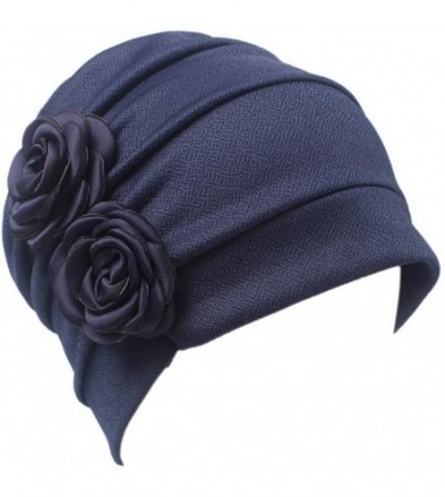 Skullies & Beanies 1Pack / 2Packs Women Flower Elastic Turban Beanie Head Wrap Chemo Cap Hat - Y-navy Blue - C518XTNKOLG