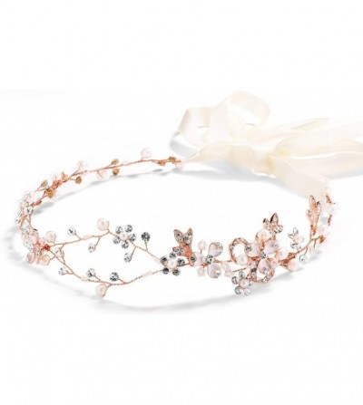 Headbands Rose Gold Freshwater Pearl and Crystal Bridal Ribbon Headband Hair Vine - CD12J5BECWD