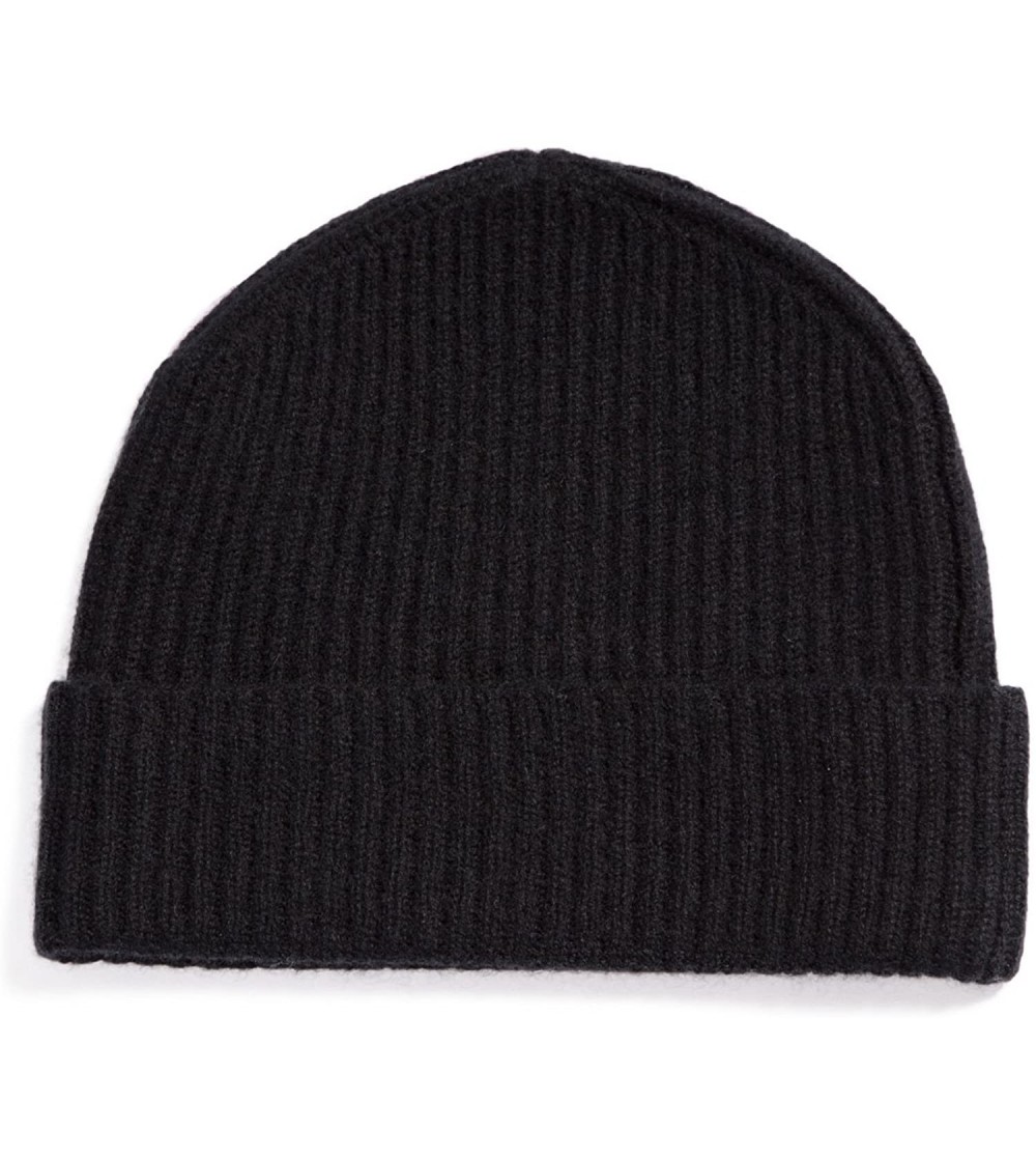 Skullies & Beanies Men's 100% Pure Cashmere Ribbed Cuffed Hat Ultra Plush - Black - CT11J6WOIC1