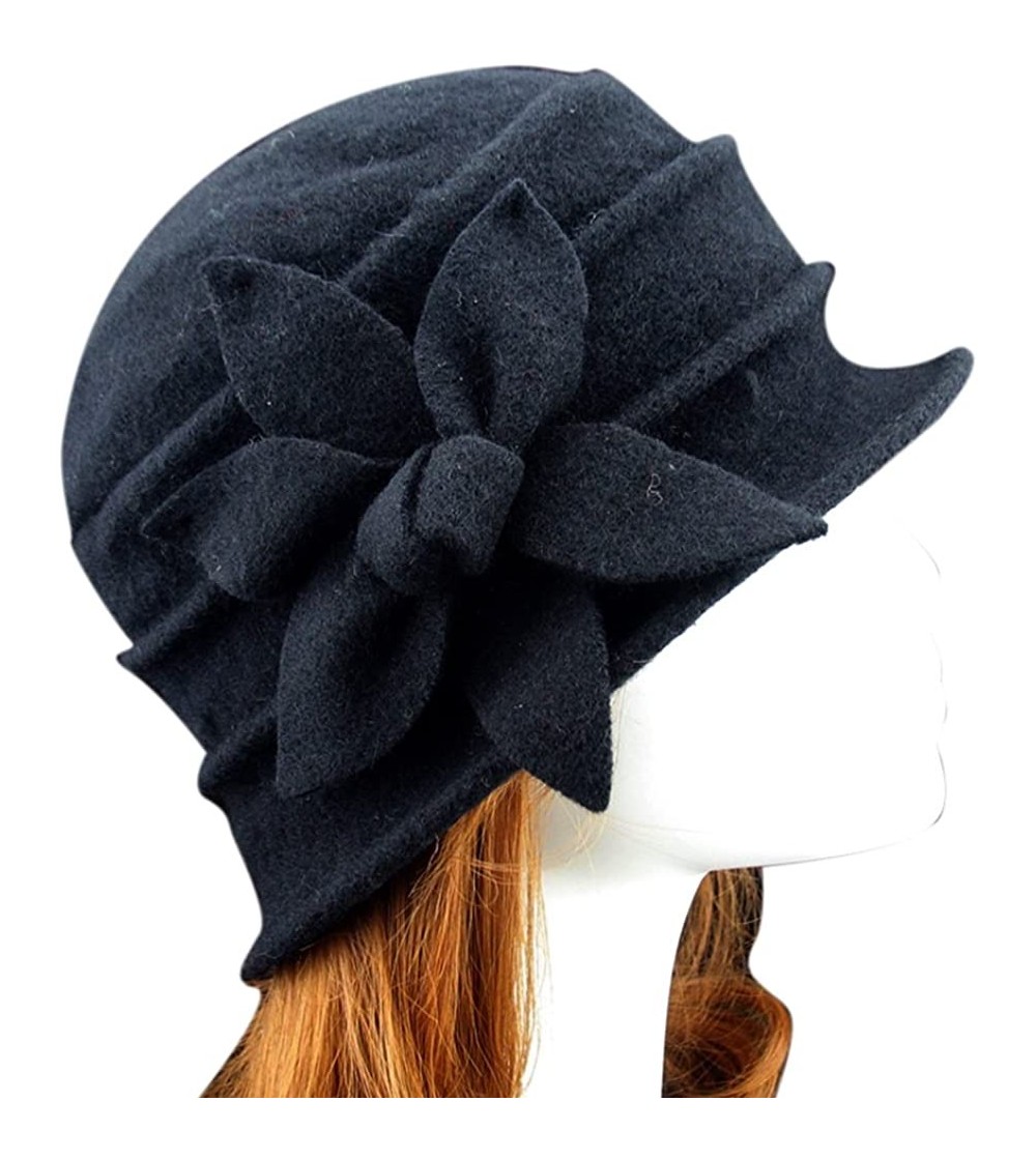 Fedoras Women 100% Wool Solid Color Round Top Cloche Beret Cap Flower Fedora Hat - 5 Black - CF18HYLYLRH