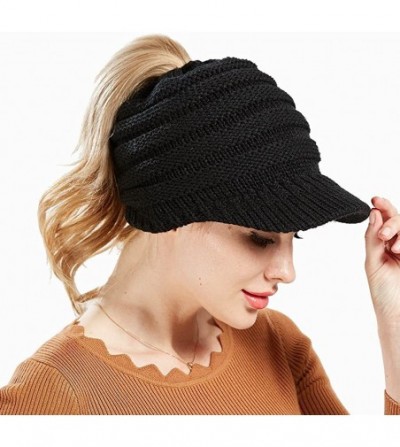 Skullies & Beanies Women's Warm Chunky Cable Knit Messy Bun Hat Ponytail Visor Beanie Cap - Black - CY18HYRXKLE