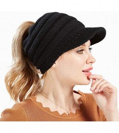 Skullies & Beanies Women's Warm Chunky Cable Knit Messy Bun Hat Ponytail Visor Beanie Cap - Black - CY18HYRXKLE