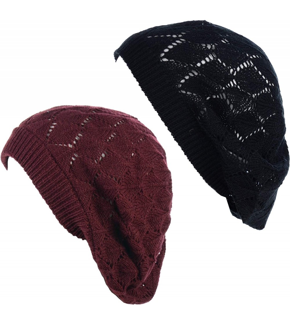 Berets Chic Soft Knit Airy Cutout Lightweight Slouchy Crochet Beret Beanie Hat - 2-pack-burgundy & Black Leafy - CK18OYQO3MS