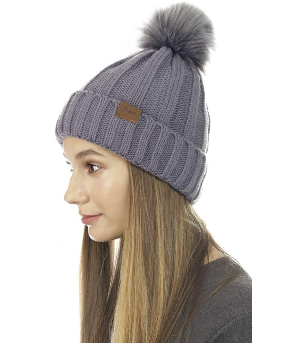 Skullies & Beanies Trendy Chunky Soft Stretch Cable Knit Beanie Skully Hat with Warm Fleece Lining & Pom Pom - Grey - CP18KC7...