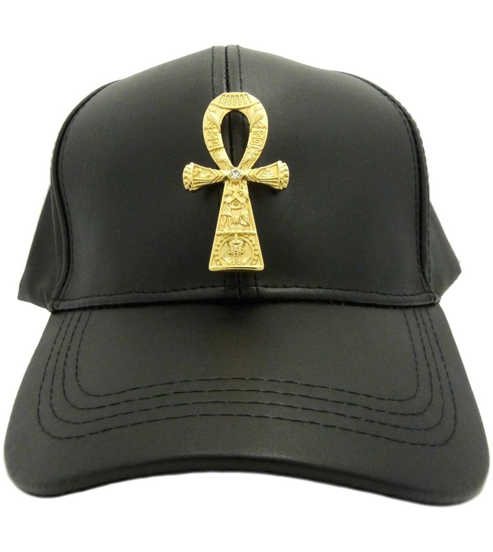 Baseball Caps Unisex Faux Leather Baseball Cap w/Horus Bird- Nefertiti- Ankh- Maat in Gold Tone - Studded Ankh / Black Cap - ...