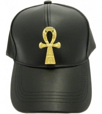 Baseball Caps Unisex Faux Leather Baseball Cap w/Horus Bird- Nefertiti- Ankh- Maat in Gold Tone - Studded Ankh / Black Cap - ...