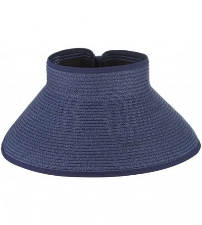 Sun Hats Women Foldable Wide Brim Straw Sun Visor Outdoor UV Proof Roll-up Open Top Hat - Navy - CJ18EIQL0DW