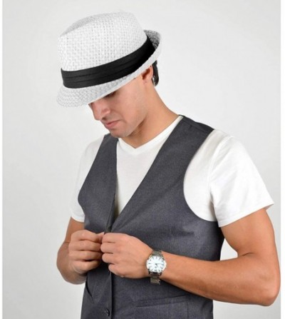 Fedoras Unisex Summer Short Brim Fedora - Hats for Men & Women + Panama Hats & Straw Hats - White Basket Weave - C117YHNXRTY