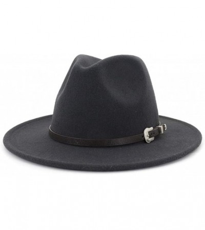 Fedoras Men & Women's Classic Wide Brim Felt Fedora Panama Hat with Belt Buckle - Dark Grey - CZ18W9GT4IG
