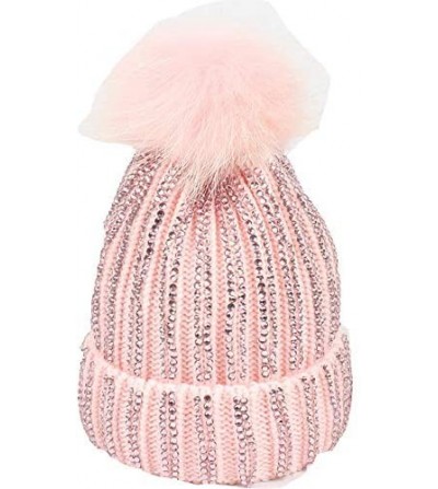 Skullies & Beanies Women Rhinestone Beanie Skull Hats Warm Knitting Hat Real Raccoon Fur Pompom Bobble Caps - Pink - Pink Bob...