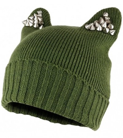 Skullies & Beanies Pussyhat Women's Spiked Stud Cat Ear Beanie Hat - Olive - CF12NAF1ZD5