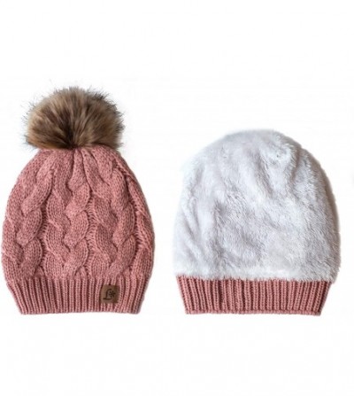 Skullies & Beanies Winter Knit Pom Beanie Hat Scarf Set Women Cute Soft Warm Infinity Scarves - Pink Fleece Lined - C018XY7KIR2