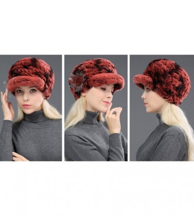 Skullies & Beanies Women's Real Rex Rabbit Fur Hat with Visor Knit Cap Winter Warm - Iron Red - CZ18UYGGK3C