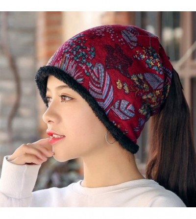 Skullies & Beanies Women's Warm Plus Velvet Thicken Beanie Hat Collar Cashmere Fashion Painting Hat - Wine Red - C718KMX8HD8