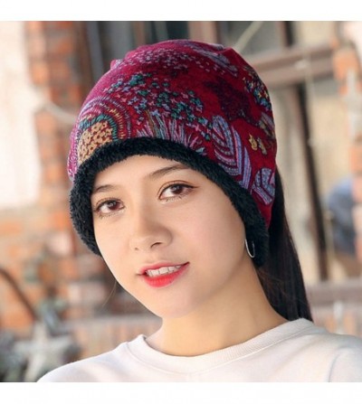 Skullies & Beanies Women's Warm Plus Velvet Thicken Beanie Hat Collar Cashmere Fashion Painting Hat - Wine Red - C718KMX8HD8