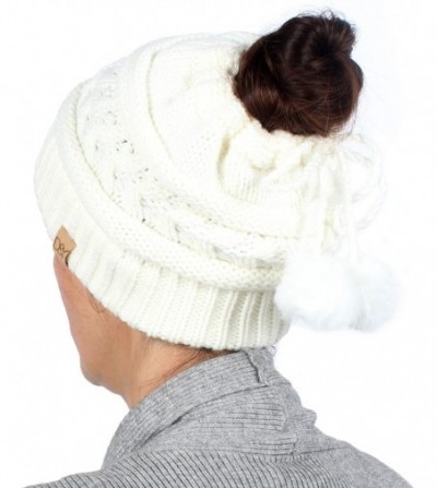 Skullies & Beanies Women's Adjustable Soft Cable Knit Slinky Ponytail Beanie Hat- Convertible to Snood - Offwhite - C118K6X66IY