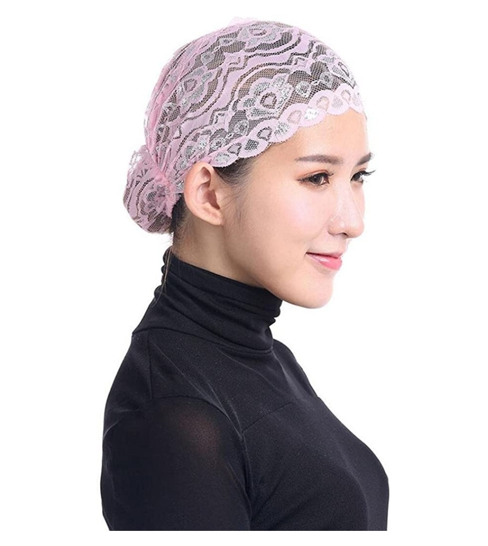 Skullies & Beanies Women Muslim Hijab Ruffle Cancer Chemo Elegant Lace Hat Beanie Scarf Turban Head Wrap Cap - Pink - CP186ON...
