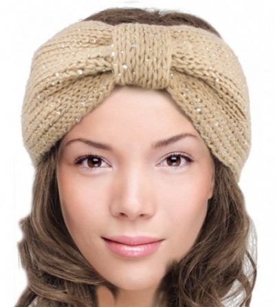 Headbands Women's Winter Knit Headband - Sparkle Bow - Tan - CQ12NUK8CFA