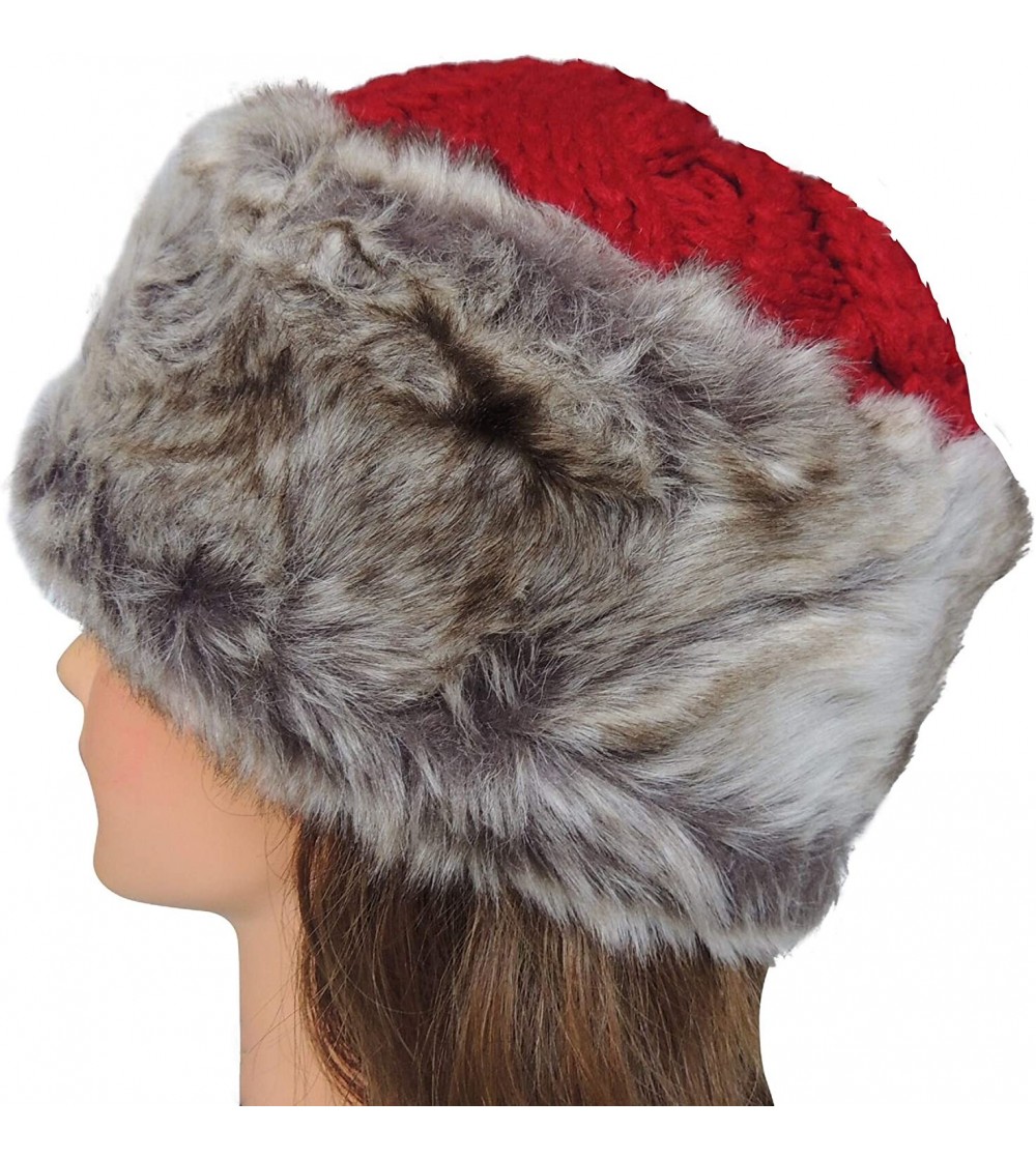 Skullies & Beanies Women's Faux Fur Brim Winter Hat- Sherpa Lined- Chunky Cable Knit- Extra Warm! - Ruby Red - CM18LEYUEEK