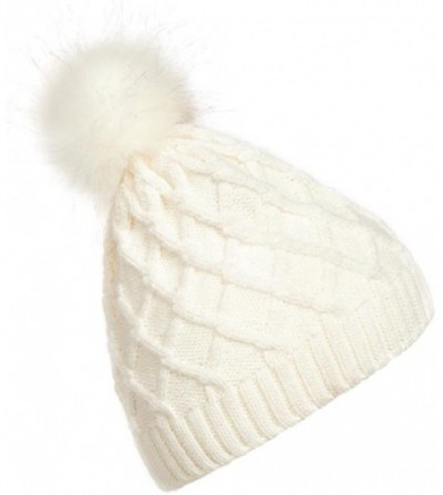 Skullies & Beanies Women Crochet Hat Faux Fur Pom Pom Woolen Knit Beanie Raccoon Warm Caps - White - C412NUQBFMT