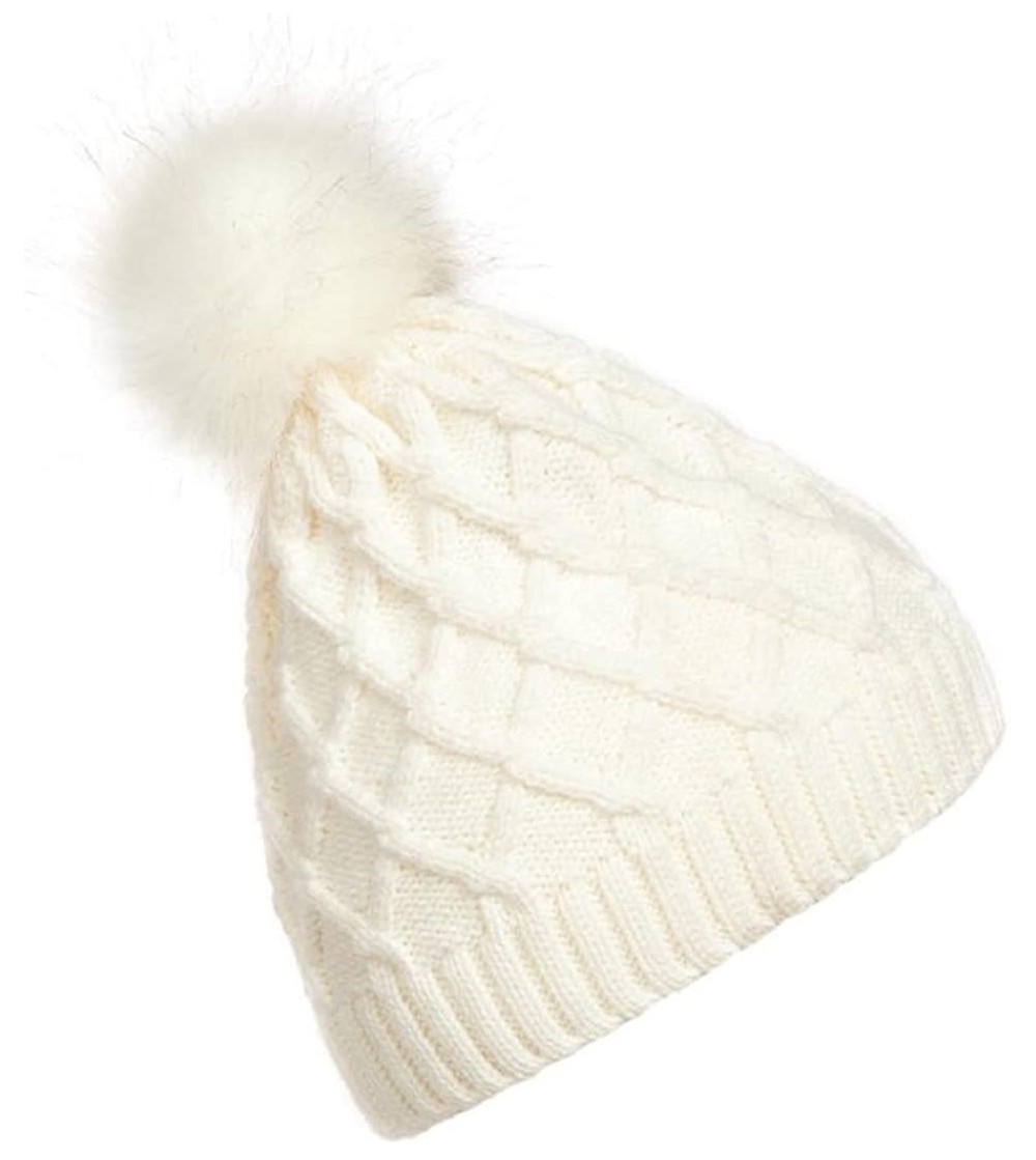 Skullies & Beanies Women Crochet Hat Faux Fur Pom Pom Woolen Knit Beanie Raccoon Warm Caps - White - C412NUQBFMT