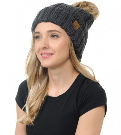 Skullies & Beanies Cable Knit Beanie with Faux Fur Pom - Warm- Soft- Thick Beanie Hats for Women & Men - Dark Melange Grey - ...