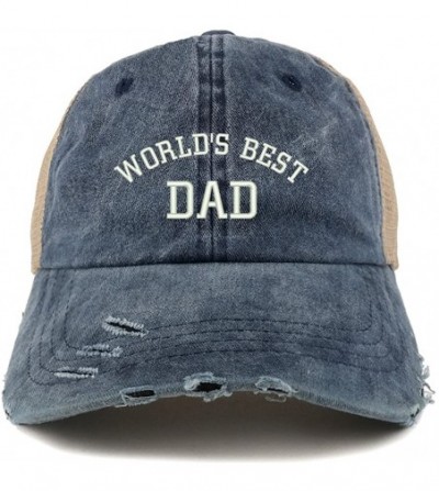 Baseball Caps World's Best Dad Embroidered Frayed Bill Trucker Mesh Back Cap - Navy - CE18CX2QR30
