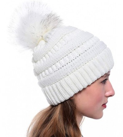 Skullies & Beanies Soft Winter Slouchy Beanie Cap for Women Chunky&Warm Cable Knit Ski Cap with Pom Pom.- White - CB18Z6KDT3D
