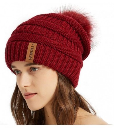 Skullies & Beanies Womens Winter Knit Slouchy Beanie Chunky Hats Bobble Hat Ski Cap with Faux Fur Pompom - Burgundy - CO18IL0...