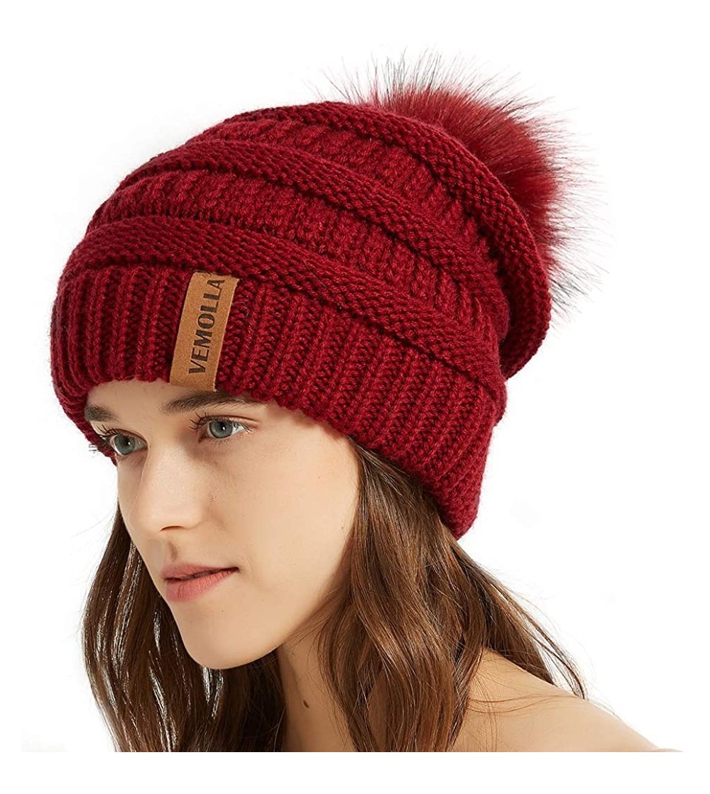 Skullies & Beanies Womens Winter Knit Slouchy Beanie Chunky Hats Bobble Hat Ski Cap with Faux Fur Pompom - Burgundy - CO18IL0...