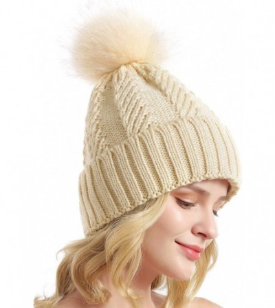 Skullies & Beanies Women Winter Knit Cable Hat Chunky Snow Cuff Cap with Faux Fur Pom Pom Beanie Hats - 01- Beige - CZ18UMLLEID