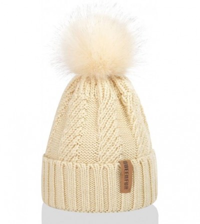 Skullies & Beanies Women Winter Knit Cable Hat Chunky Snow Cuff Cap with Faux Fur Pom Pom Beanie Hats - 01- Beige - CZ18UMLLEID