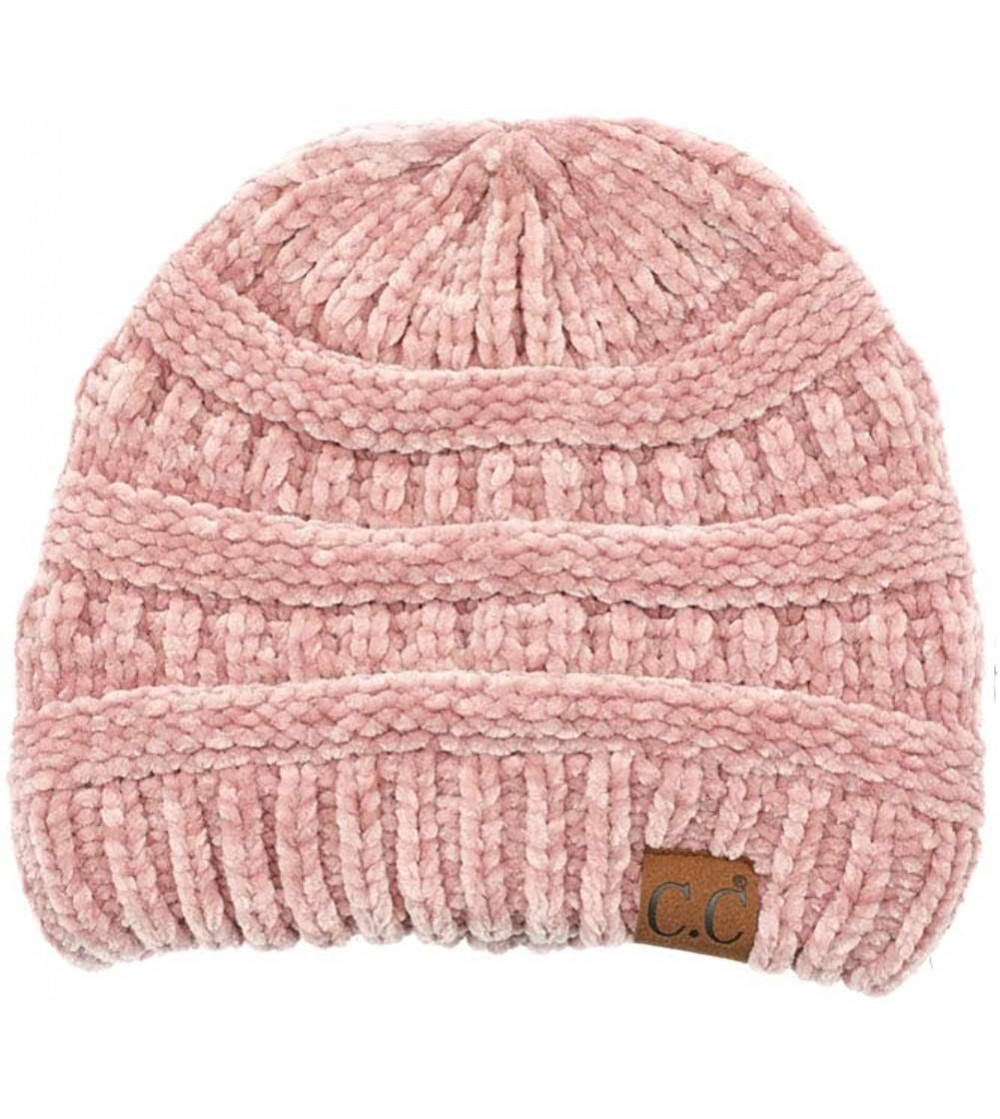 Skullies & Beanies Soft Warm Solid Color Ribbed Chenille Unisex Beanie - Rose - CU18IN0S9L8